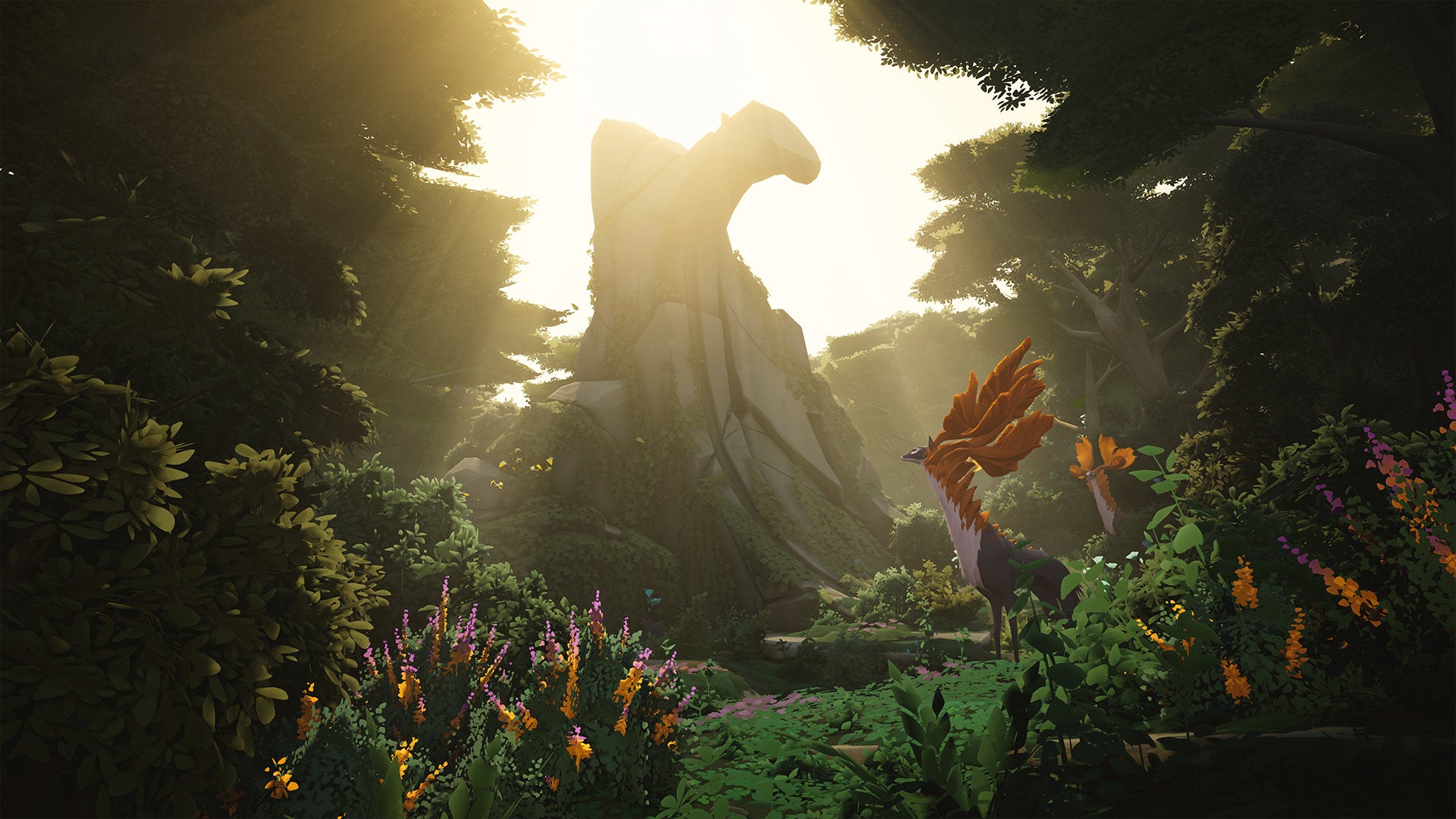A woodland clearing with a giant rock spire in an Everwild screenshot.