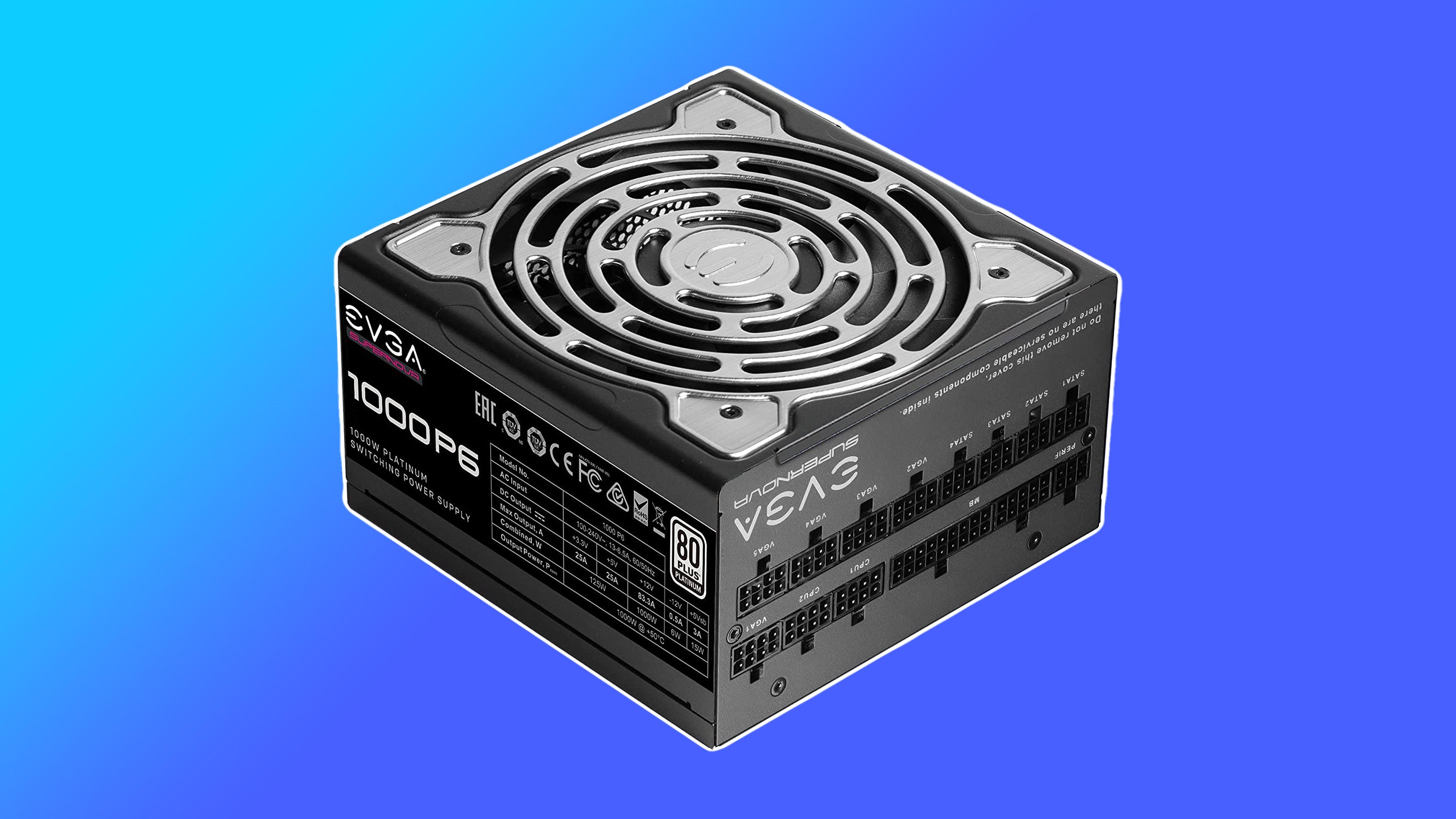 evga 1000w 1000p6 power supply, showing a modular design and metal components