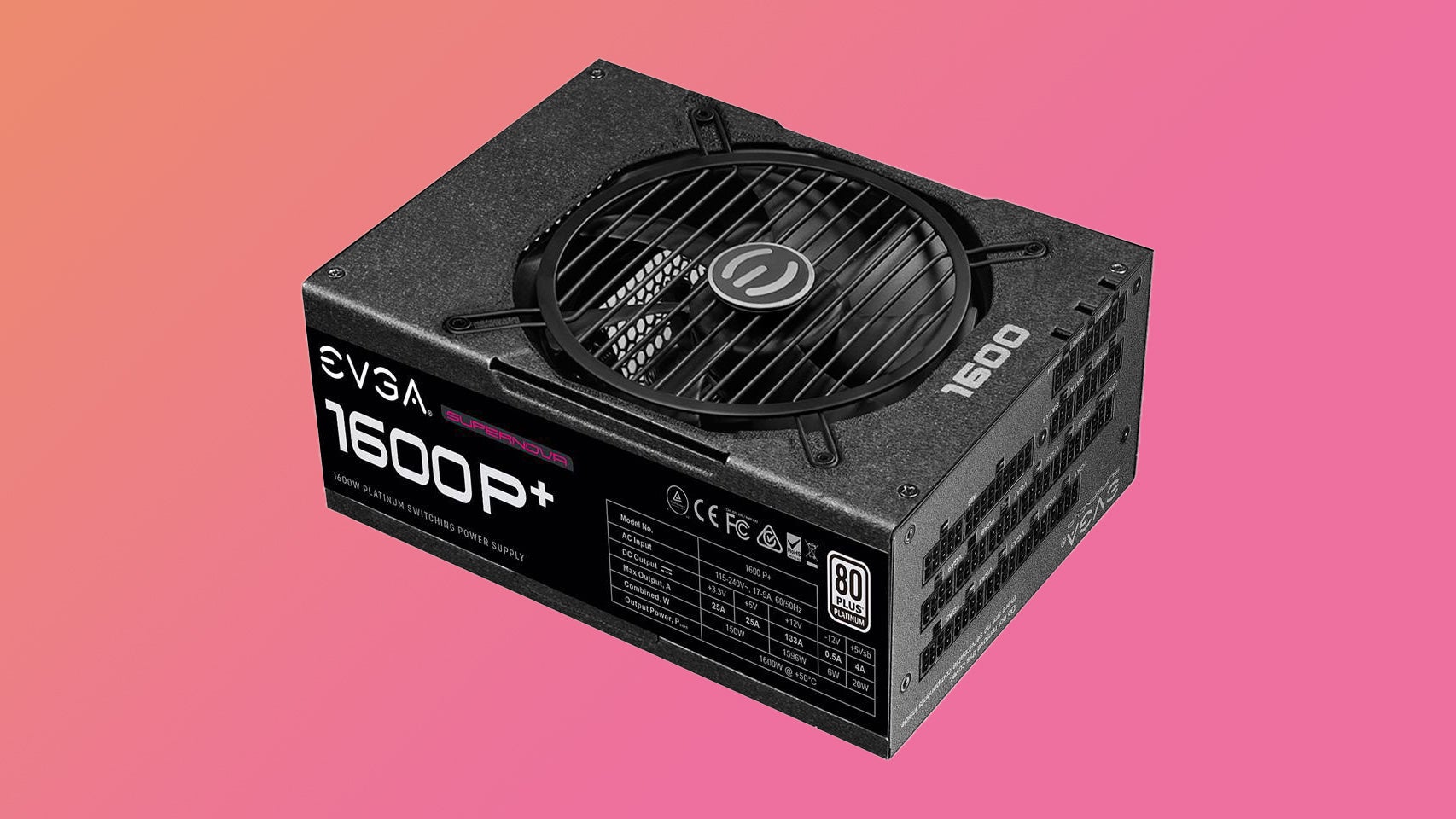evga 1600 p plus power supply, with a 1600w capacity, 80+ platinum rating and fully modular design
