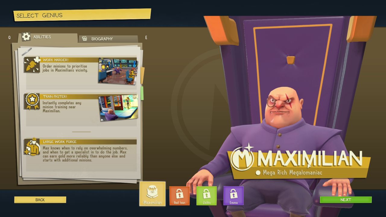 The character select screen at the start of Evil Genius 2, showing Maximillian, a bald, short, squat man in a purple suit. He's sitting in a big purple chair, looking cartoonishly evil.