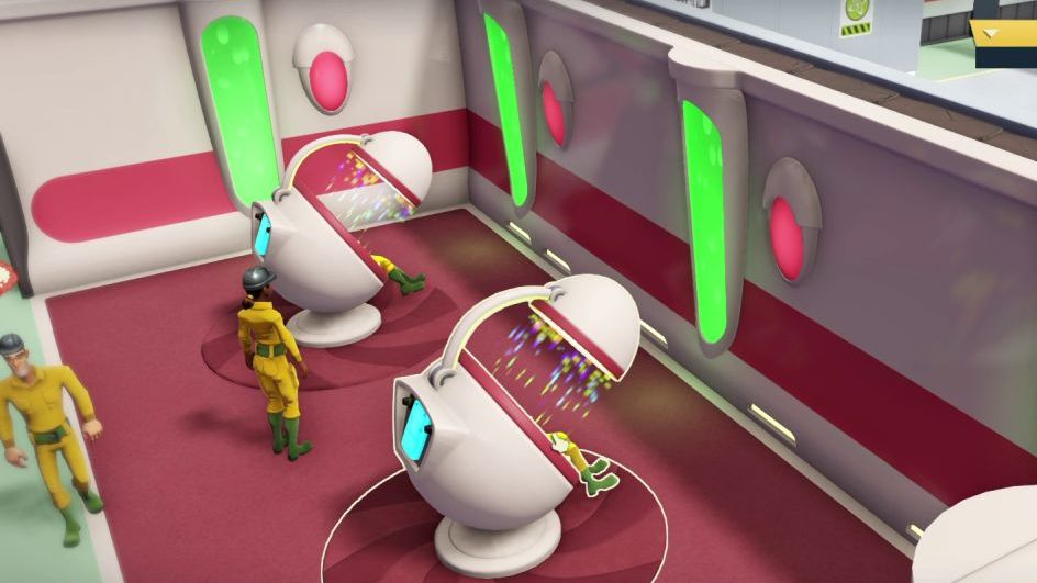 A close up of two re-education pods in Evil Genius 2, egg-shaped pod chairs with a screen attached. A minion is sat in each chair, watching the screen.