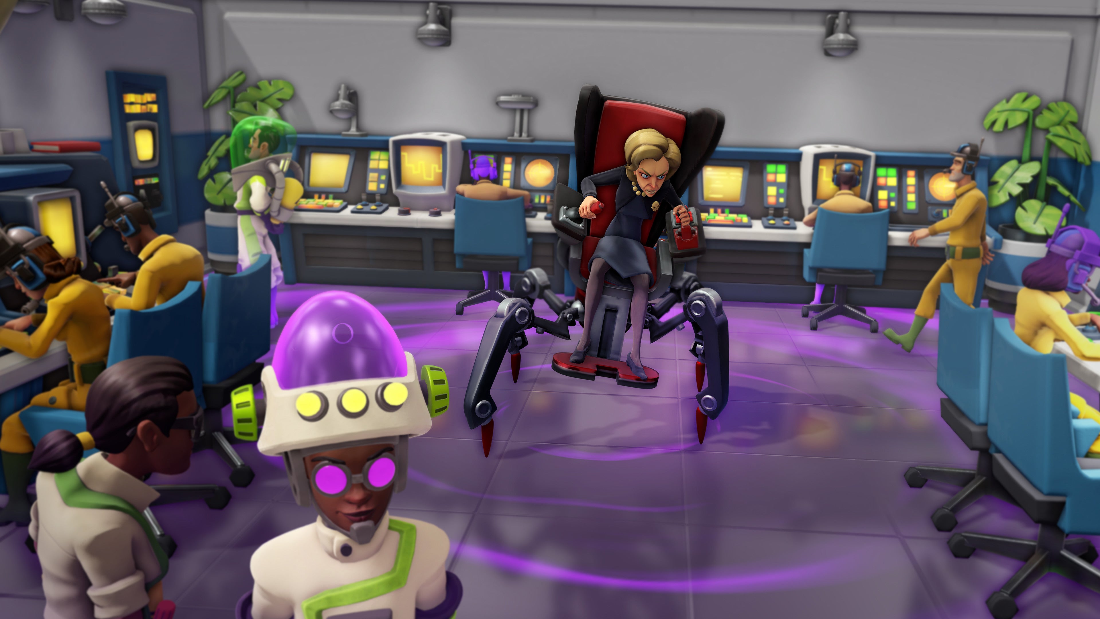Emma, one of the villain's from Evil Genius 2 who rides a scary spider chair.