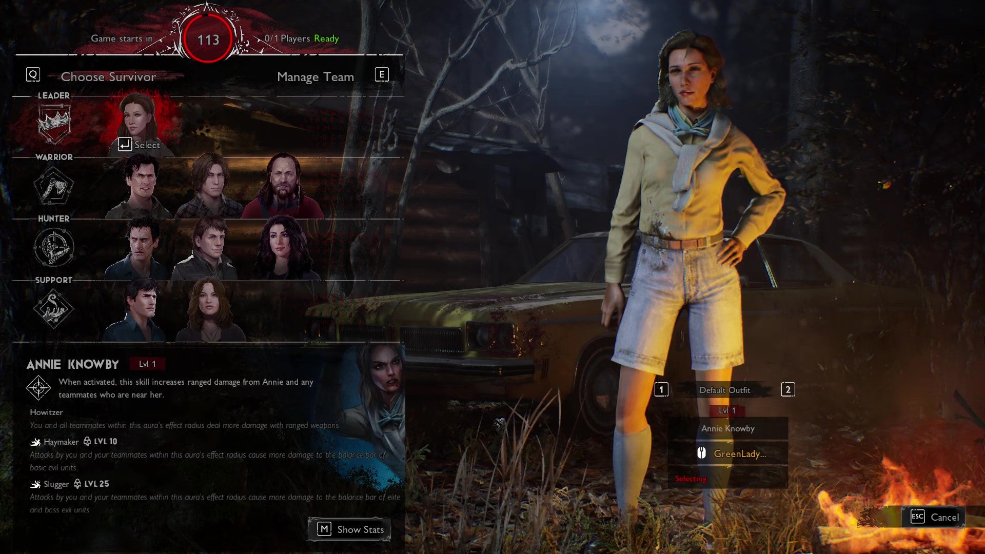 The player selection screen from Evil Dead: The Game, with Annie Knowby selected by a Survivor player.