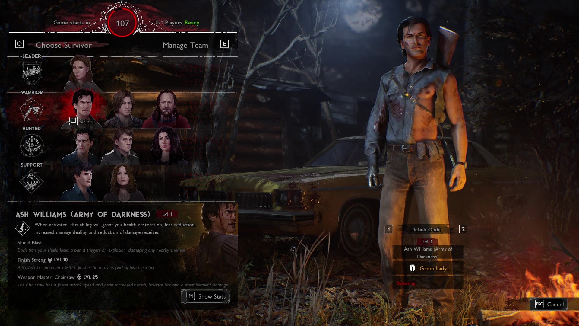 A tela de seleção de jogadores de Evil Dead: The Game, com Ash Williams (Army of Darkness) selecionado por um jogador Survivor.