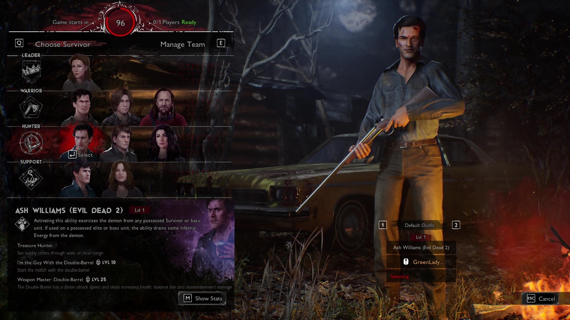 The player selection screen from Evil Dead: The Game, with Ash Williams (Evil Dead 2) selected by a Survivor player.