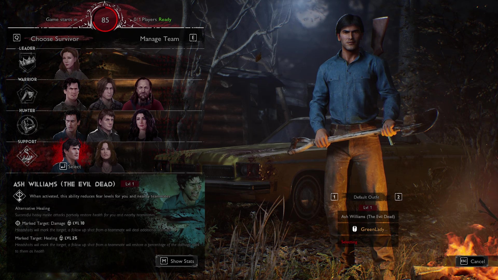 The player selection screen from Evil Dead: The Game, with Ash Williams (The Evil Dead) selected by a Survivor player.