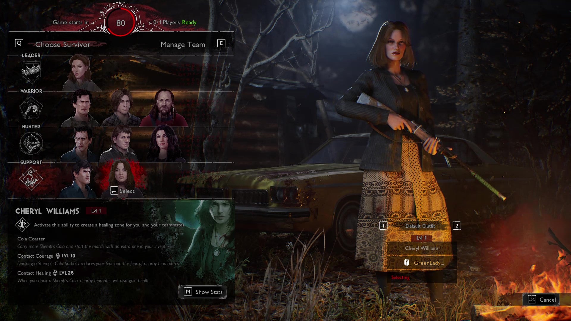 The player selection screen from Evil Dead: The Game, with Cheryl Williams selected by a Survivor player.