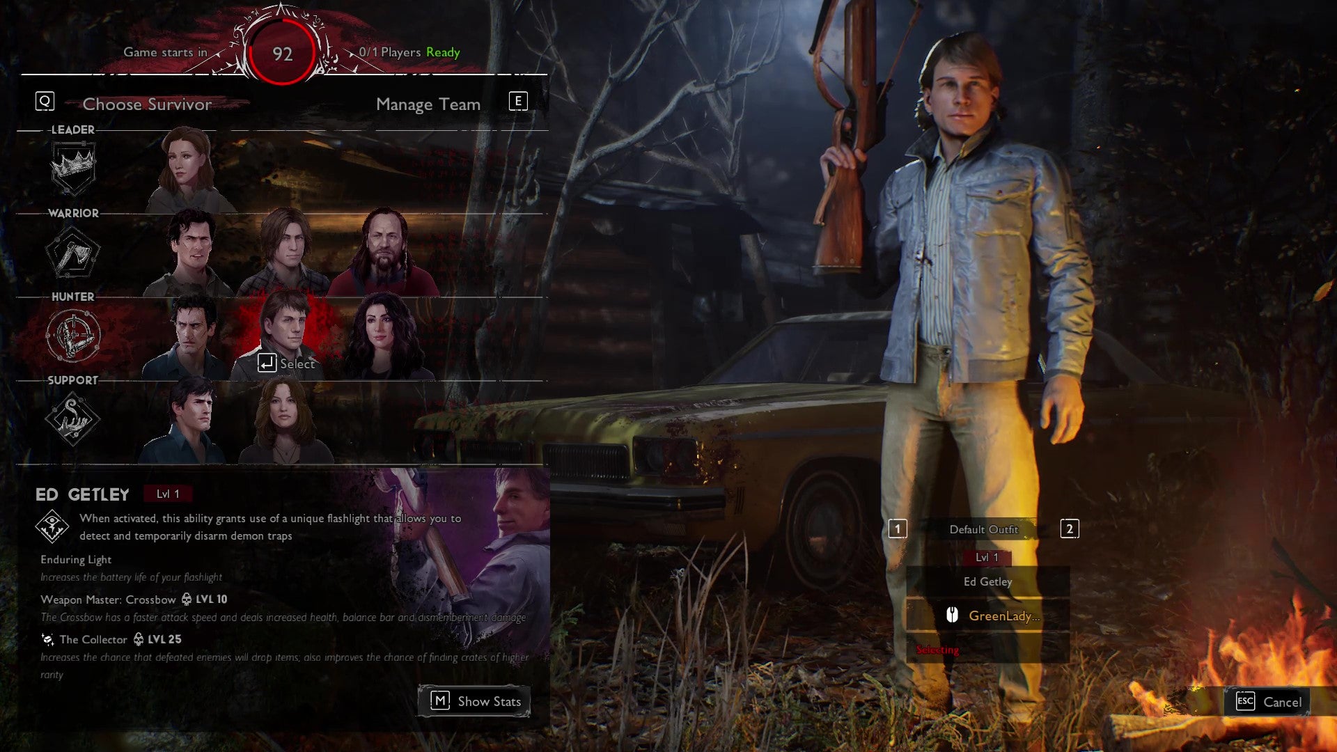 The player selection screen from Evil Dead: The Game, with Ed Getley selected by a Survivor player.