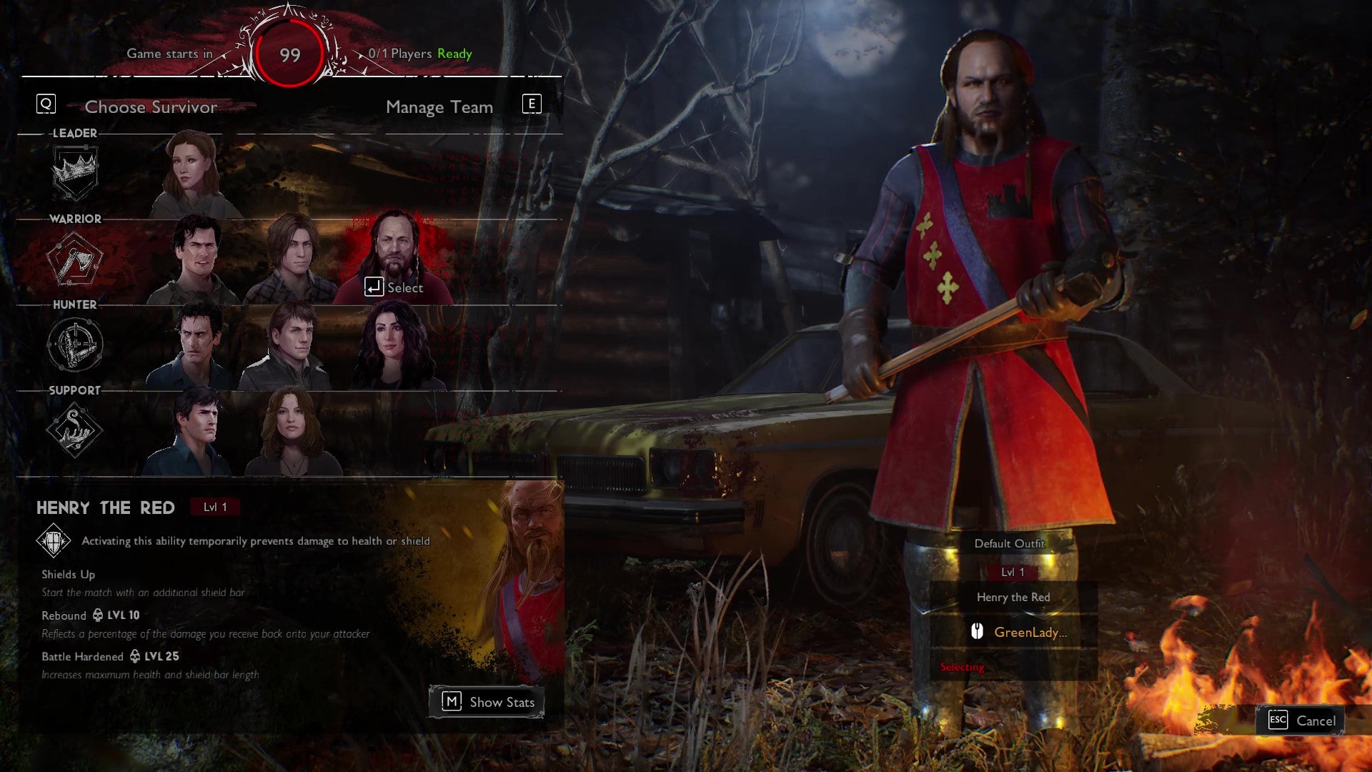 The player selection screen from Evil Dead: The Game, with Henry the Red selected by a Survivor player.