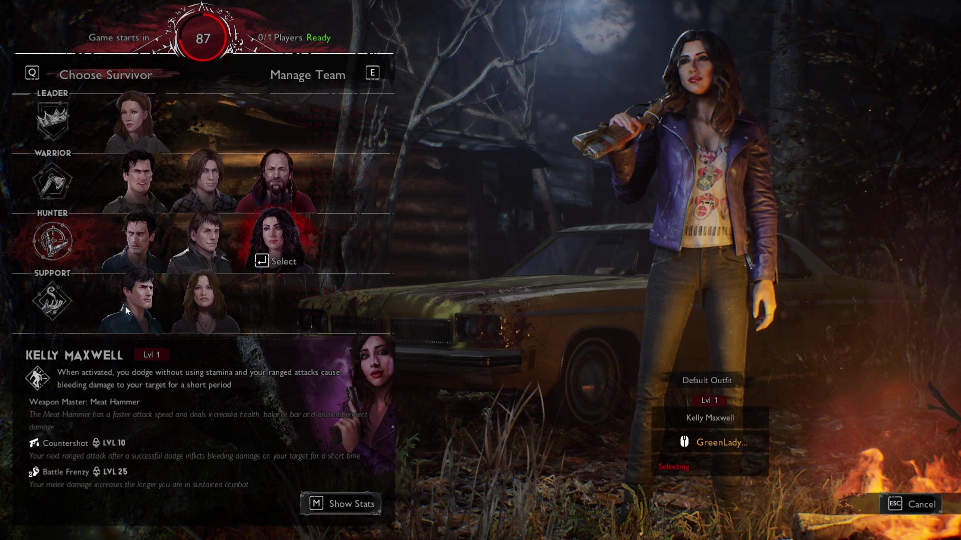 The player selection screen from Evil Dead: The Game, with Kelly Maxwell selected by a Survivor player.