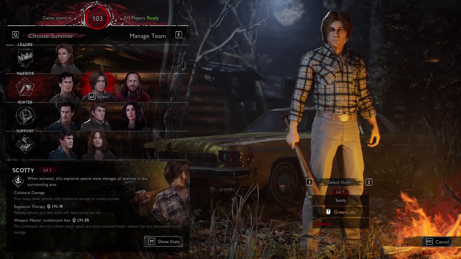 The player selection screen from Evil Dead: The Game, with Scotty selected by a Survivor player.