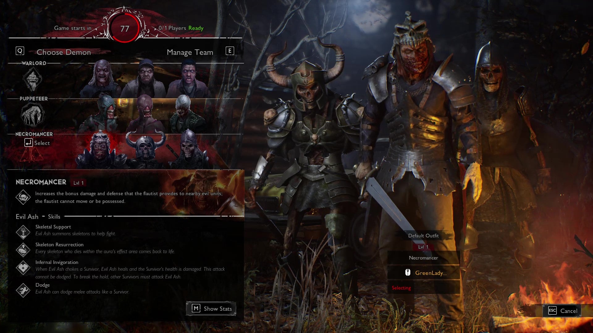 The player selection screen from Evil Dead: The Game, with the Necromancer selected by a Demon player.