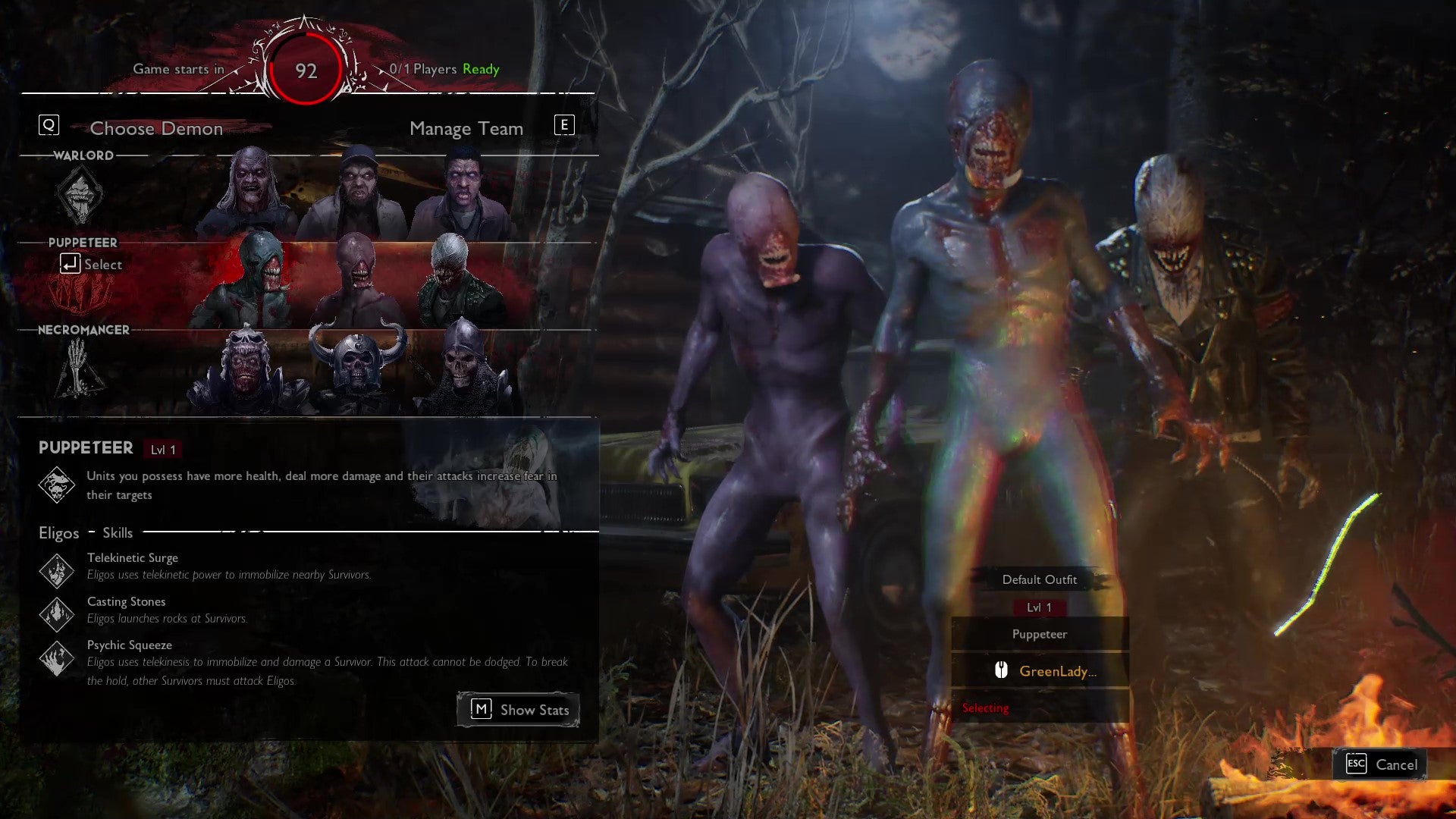 The player selection screen from Evil Dead: The Game, with the Puppeteer selected by a Demon player.