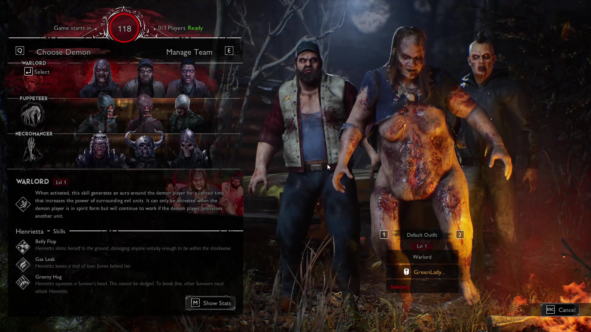 The player selection screen from Evil Dead: The Game, with the Warlord selected by a Demon player.