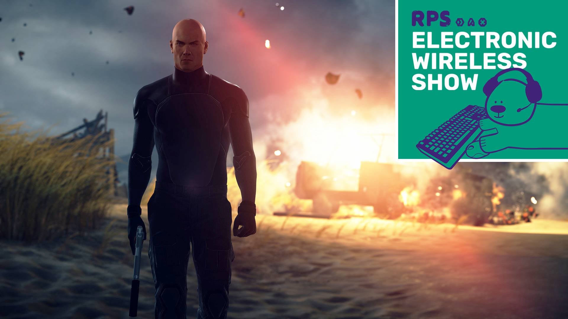 A screenshot of Agent 47 (Ian Hitman) walking away from an exploding truck on a beach, looking all cool, with the Electronic Wireless Show podcast logo overlaid in the top right corner