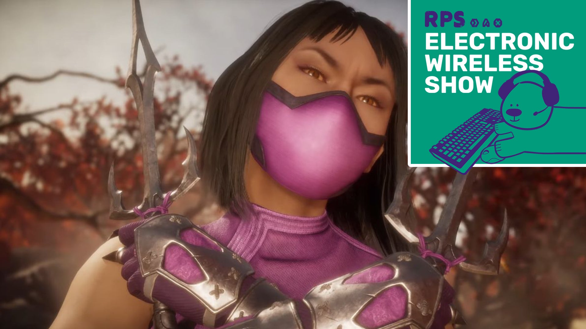 A headshot closeup of Mileena from Mortal Kombat, with the Electronic Wireless Show podcast logo in the top right corner of the image
