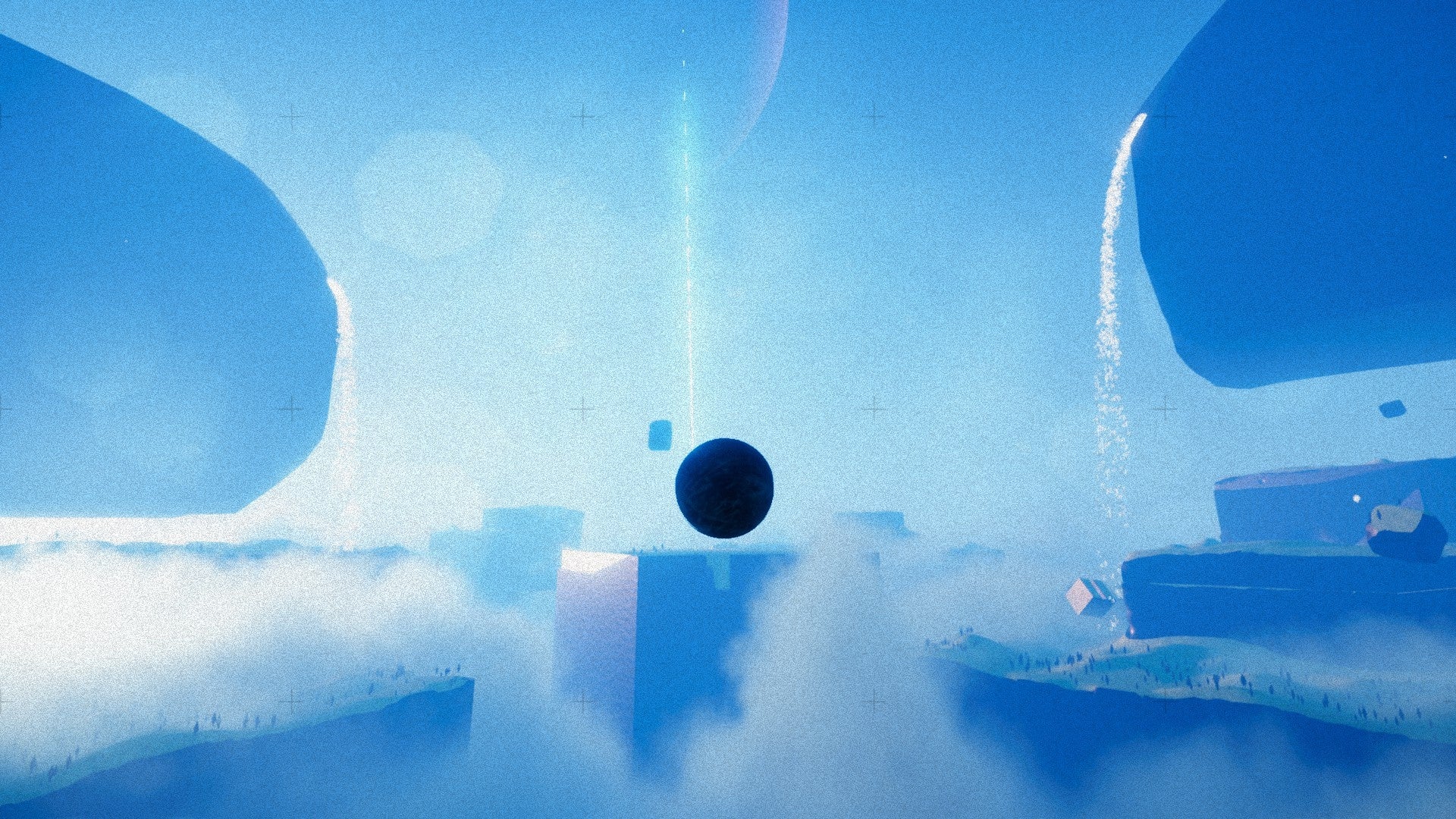An Exo One screenshot showing a dark ball, seemingly floating in place, surrounded by misty blue skies and what appear to be floating islands.