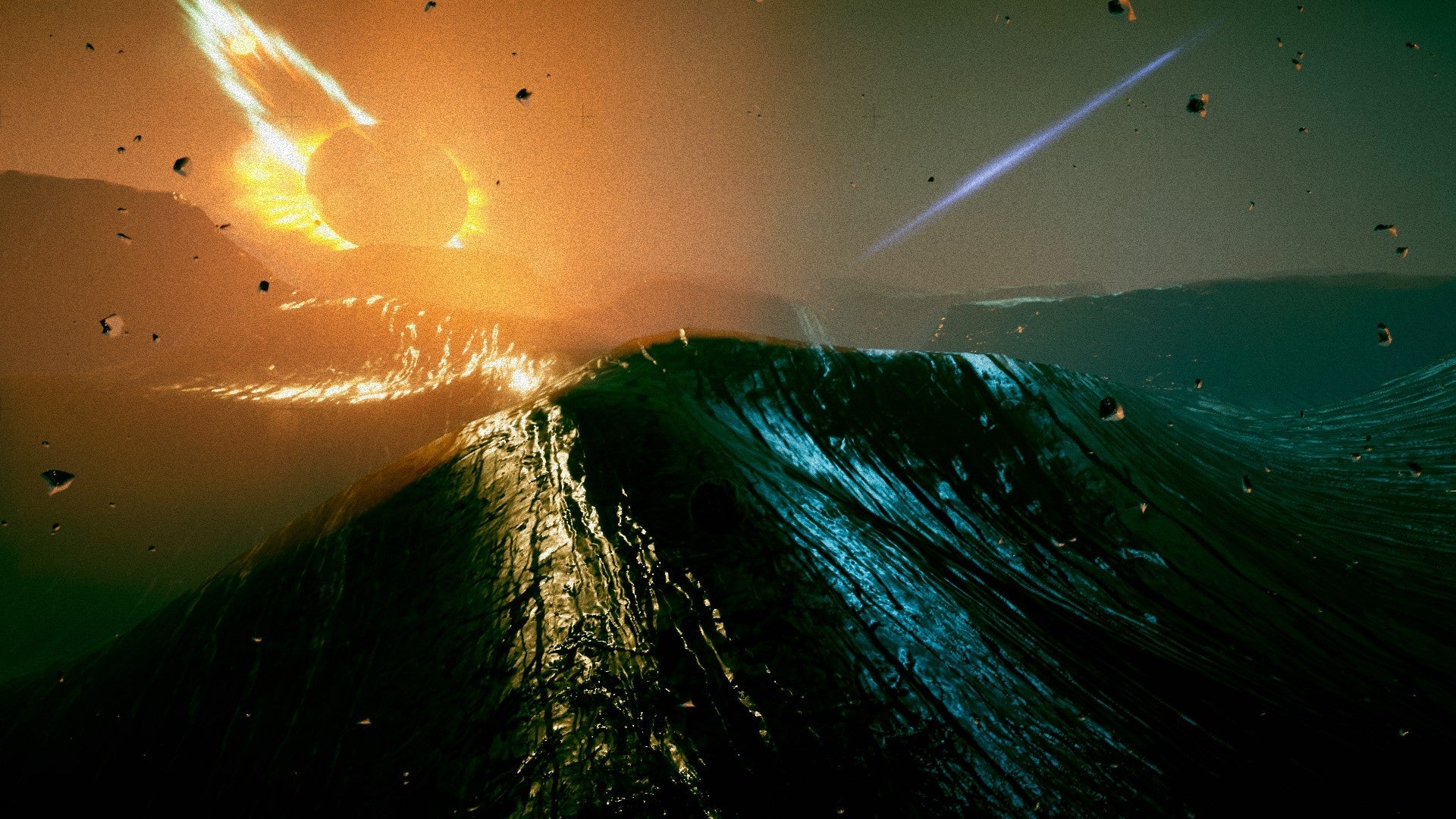 An Exo One screenshot showing what looks like a planet made of slick, molten rock, with a possible planet possibly exploding in the distance.