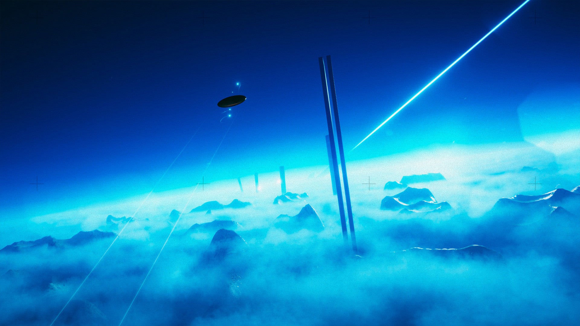 A disc soars through lurid blue skies in an Exo One screenshot.