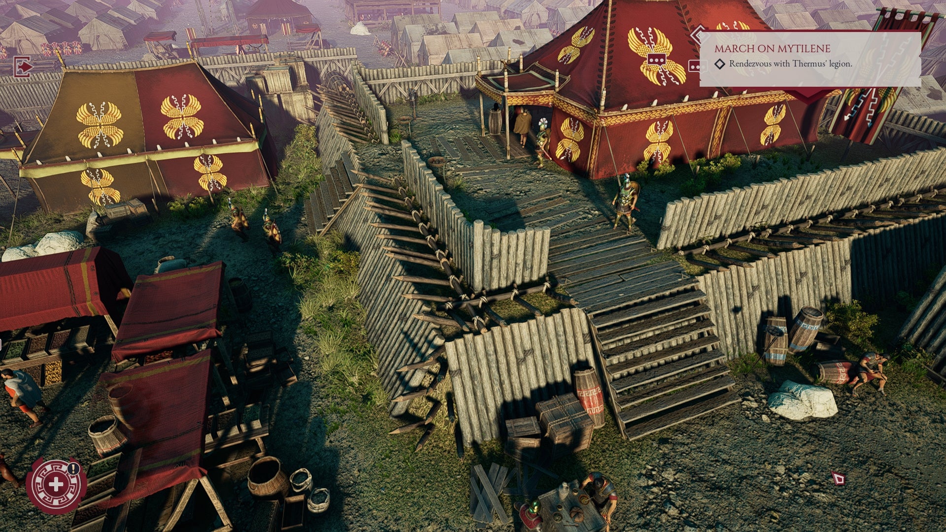 A wide shot in Expeditions: Rome showing the general's tent on a raised section at the centre of the legionaries' camp