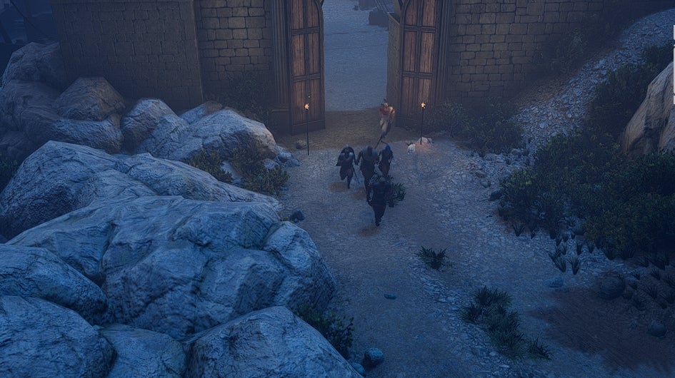 A small sneaky group of soldiers holding a gate under cover of darkness in Expeditions: Rome