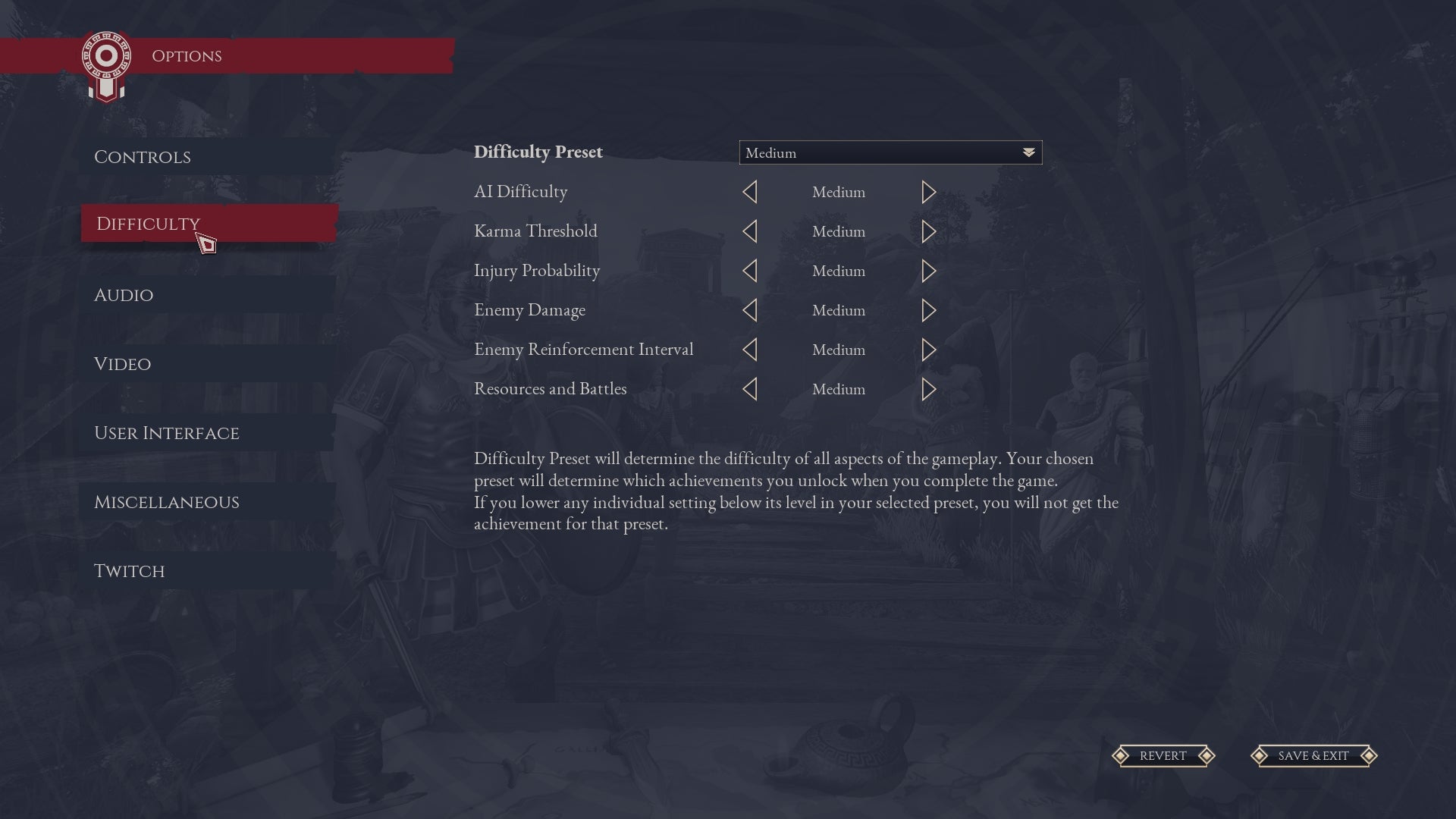 One of the detailed menu screens from Expeditions: Rome
