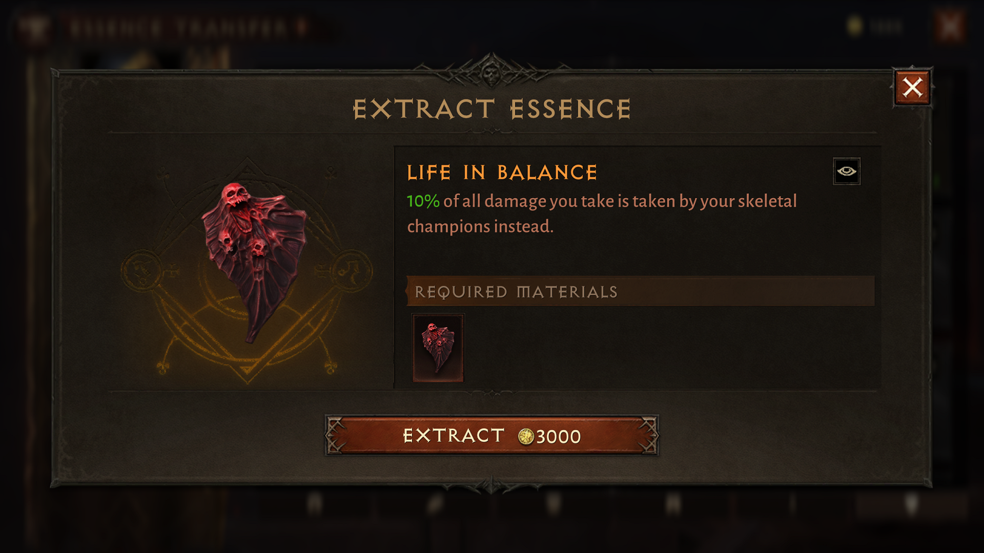 Essence extraction user interface in Diablo Immortal, accessible via the Essence Transfer vendor in Westmarch