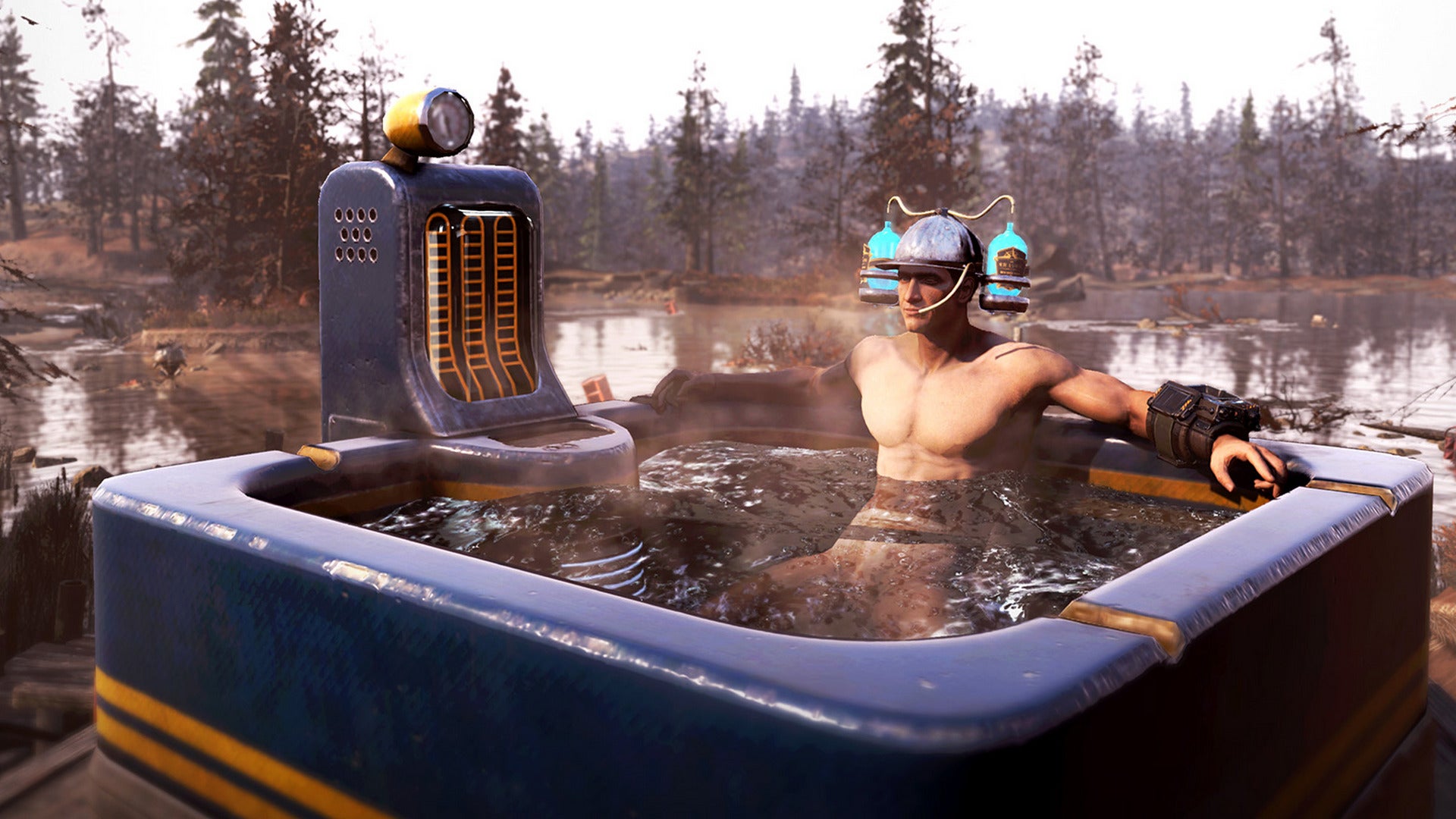 A man sits in a hot tub with two drink cannisters attached to his head in Fallout76
