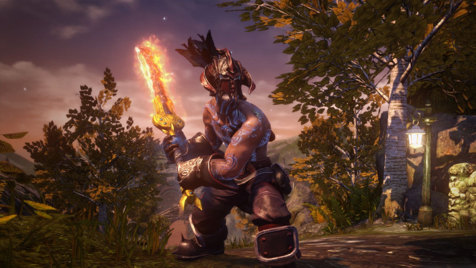 A warrior raising a flaming sword in Fable Anniversary