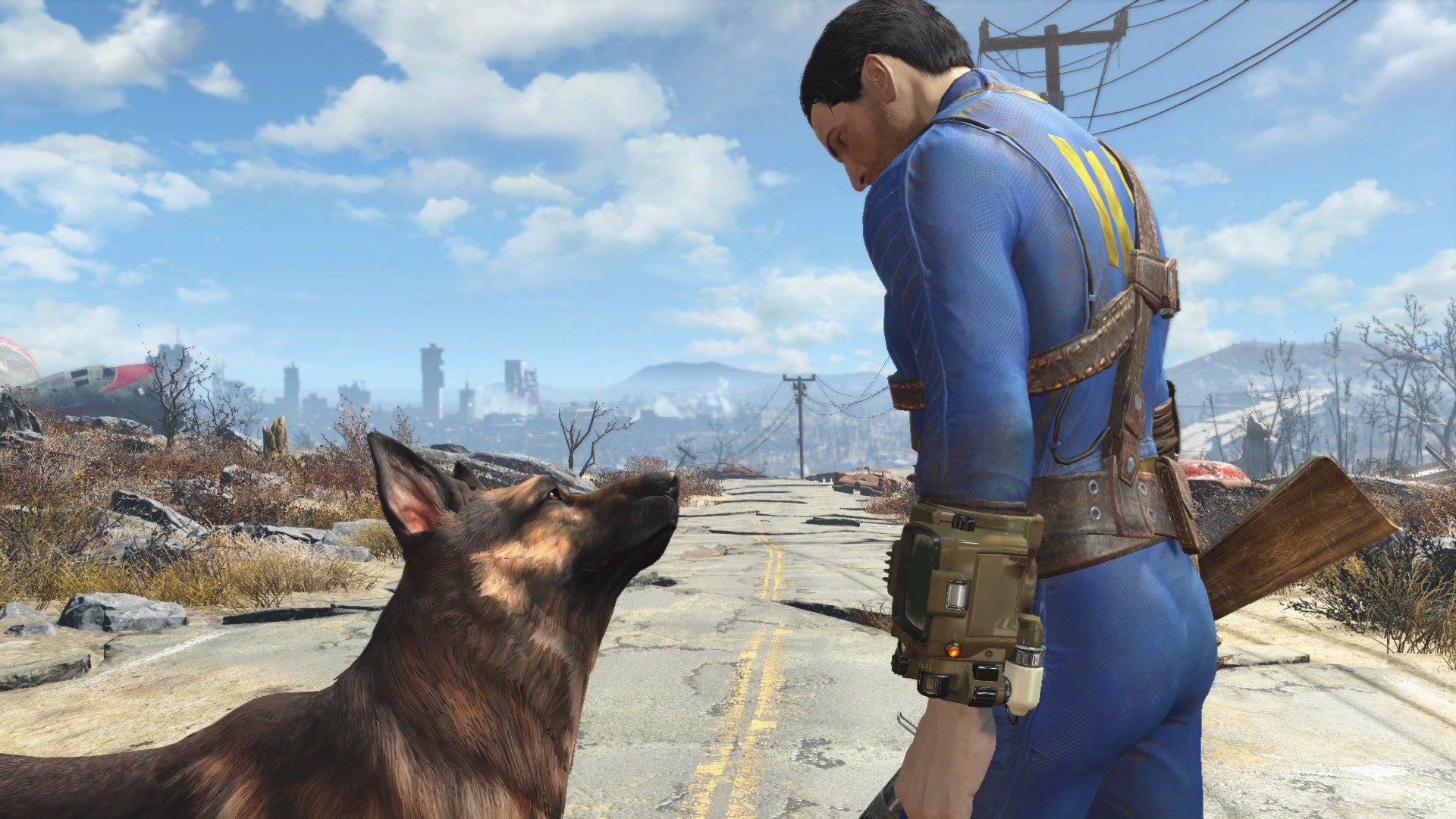 A man and his dog in a Fallout 4 screenshot.