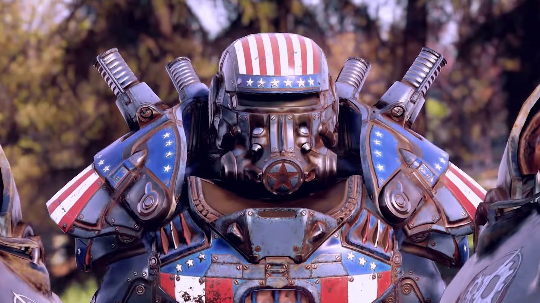 Fallout 76 - A character wearing power armor with an American flag paint job