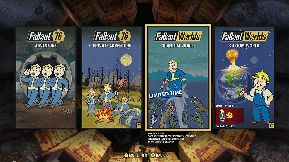 An image of Fallout 76's menu for accessing the new Worlds.