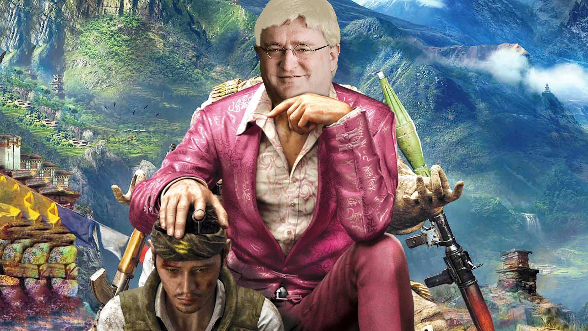 Pagan Min from Far Cry 4 sitting in a chair with the face of Gabe Newell