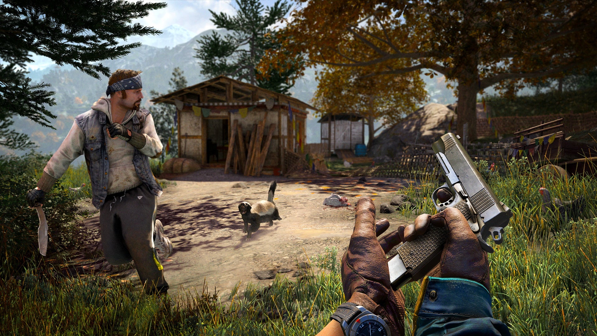 An image from Far Cry 4 which shows one player reloading, while another runs from an angry honey badger.