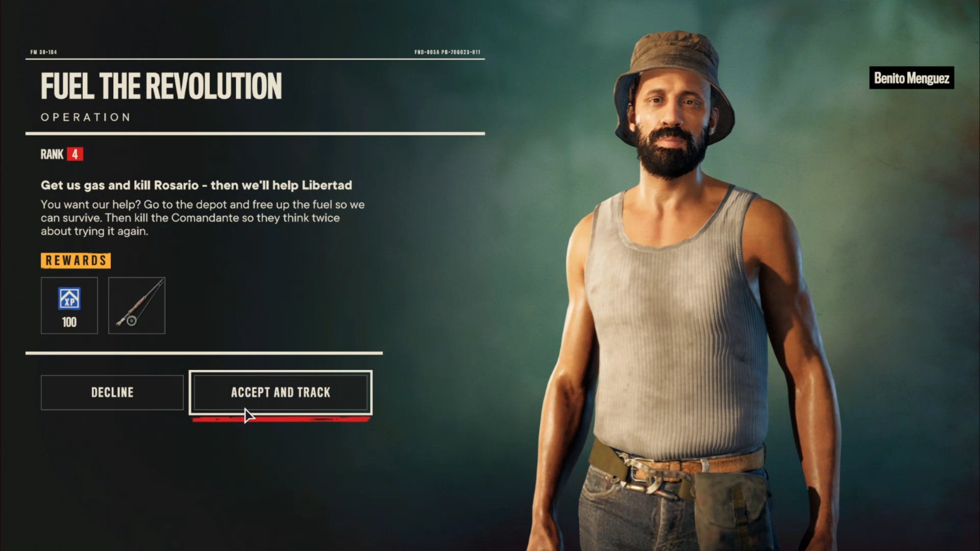 Far Cry 6: the initial screen for the quest Fuel The Revolution, with Benito on the right-hand side of the screen explaining the mission.