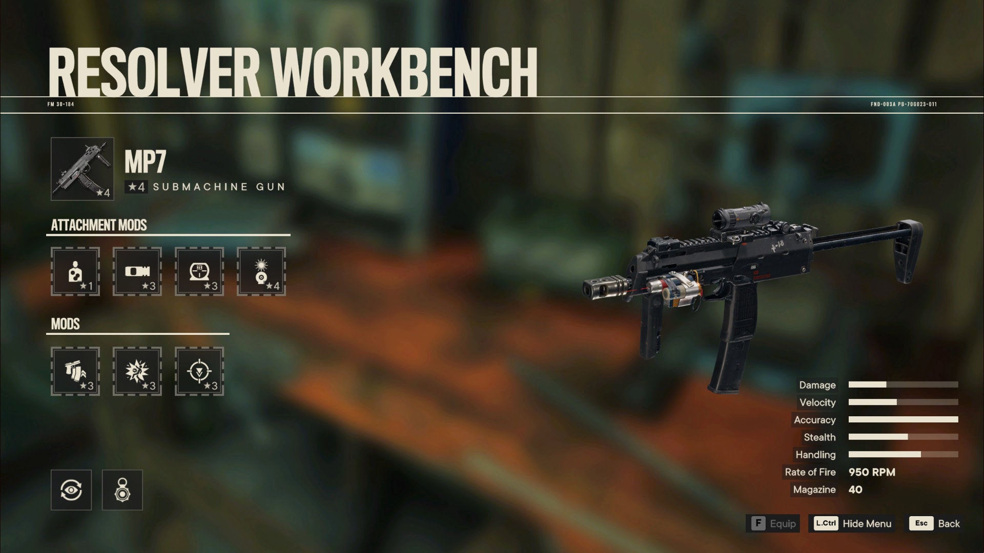 A screenshot of the Workbench screen in Far Cry 6 with the MP7 selected.