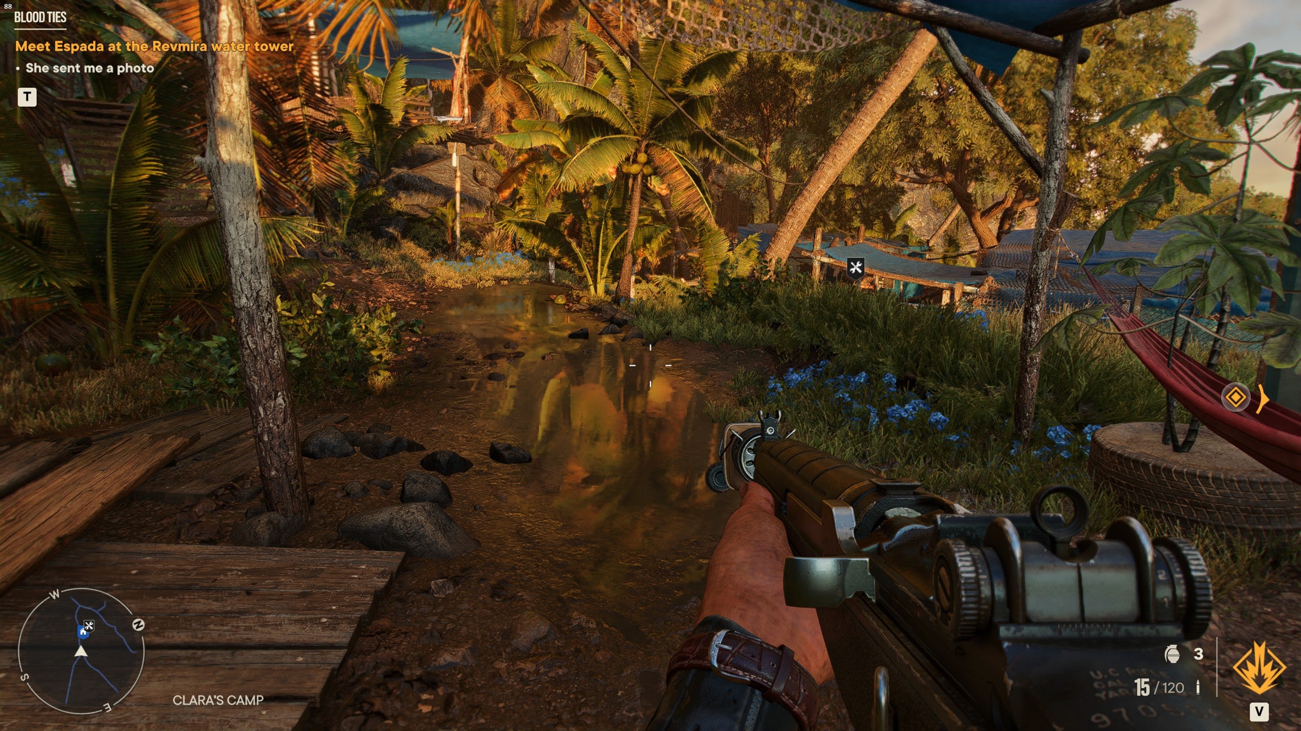 A puddle in Far Cry 6 showing the game's DXR reflections setting.