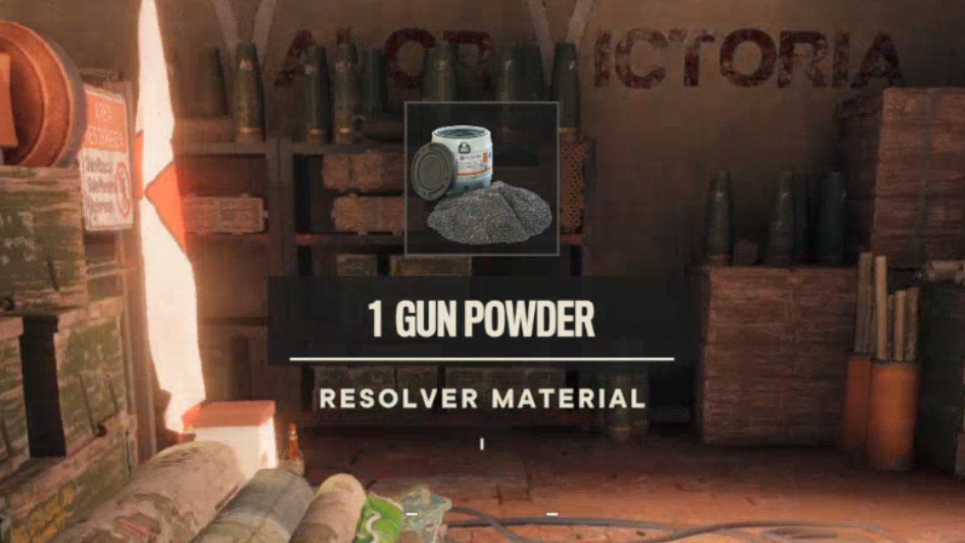 Far Cry 6: a pop-up in the centre of the screen indicates that the player has received 1 Gun Powder.