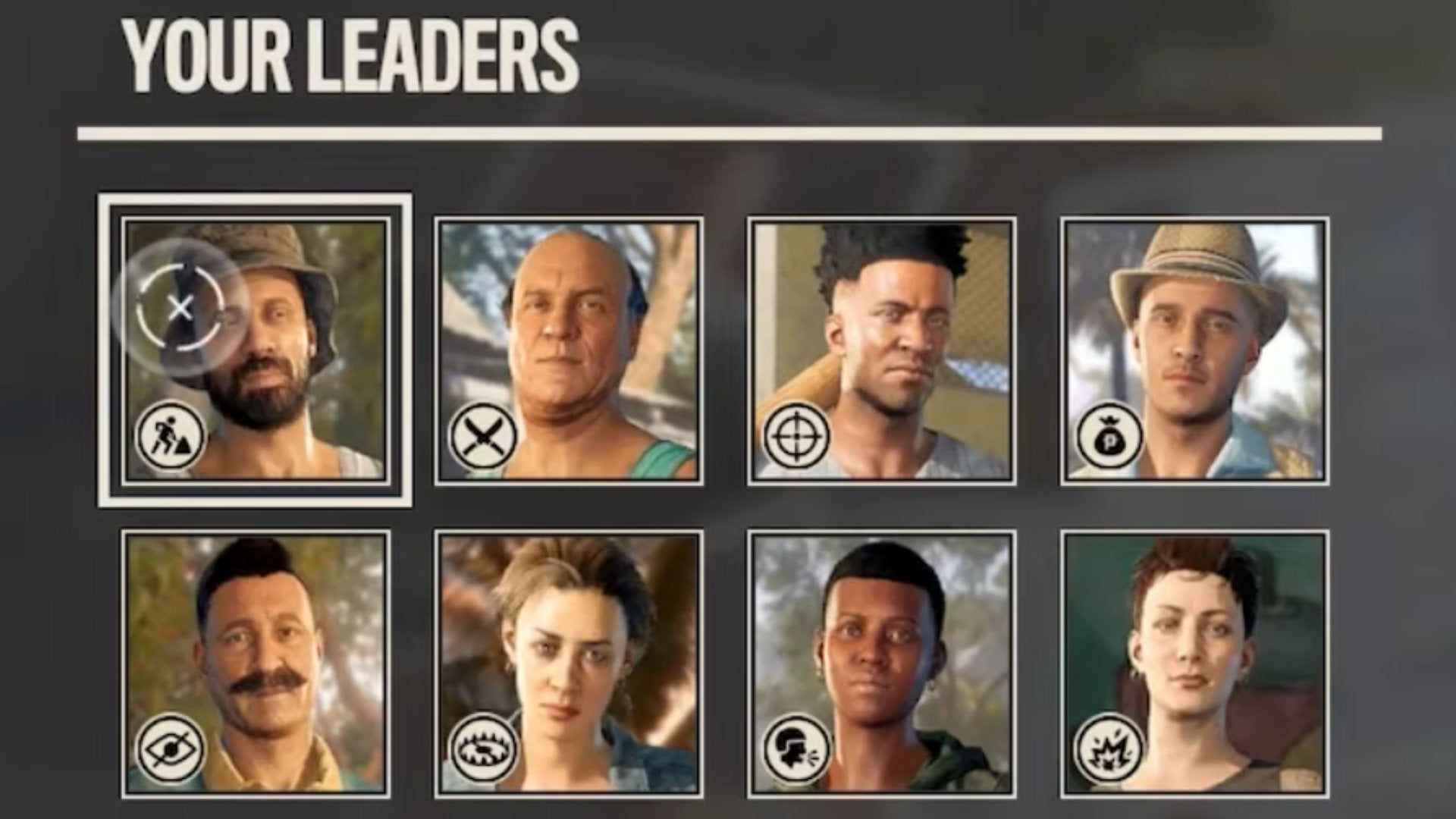 A close-up screenshot of all the portraits of the different Bandido Leaders in Far Cry 6.