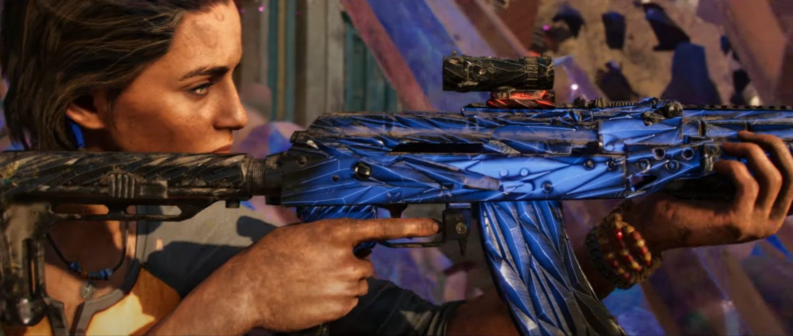 Dani Rojas holds a new crystal machinegun in Far Cry 6's Lost Between Worlds expansion.