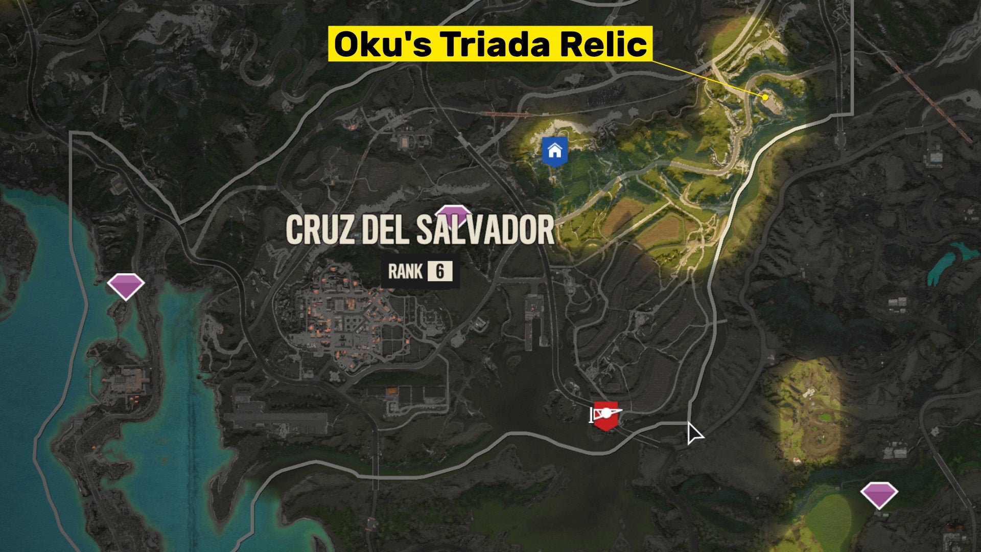 A screenshot of the Far Cry 6 map with the location of Oku's Triada Relic highlighted.