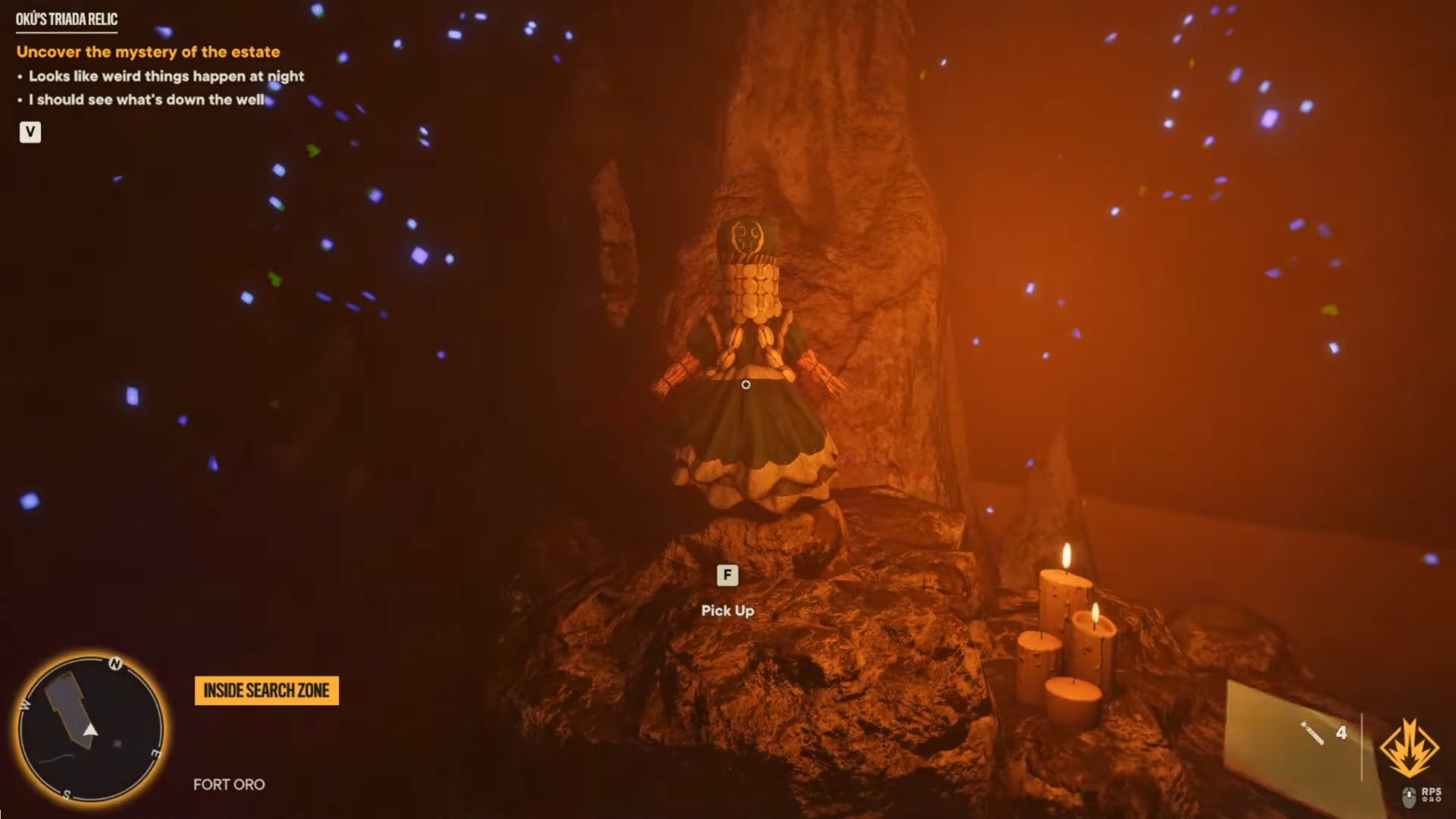 A screenshot of the player finding Oku's Triada Relic in a cave in Far Cry 6.