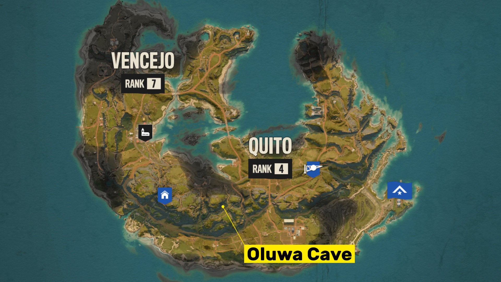A screenshot of the Far Cry 6 map with the location of Oluwa Cave highlighted.
