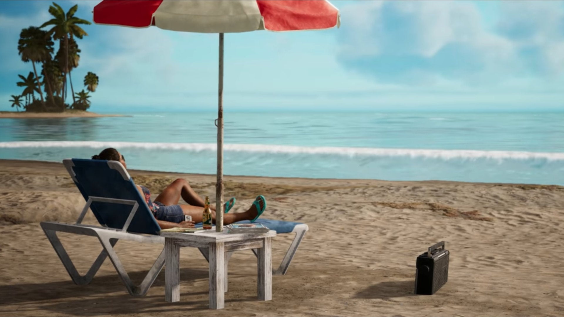 A screenshot of part of the Far Cry 6 secret ending, with Dani lounging on a beach listening to the radio.