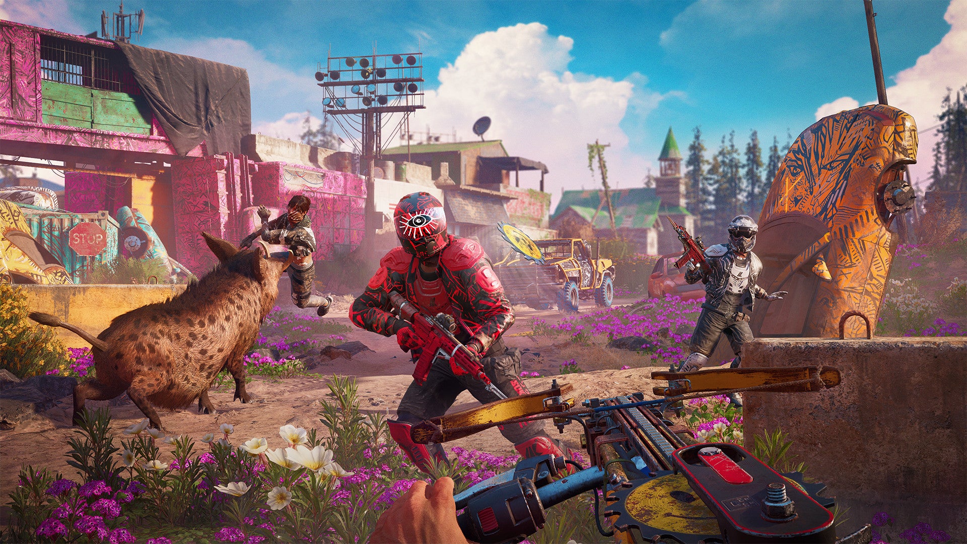 The protagonist of Far Cry New Dawn firing their buzz saw blade at a motorcycle gear-wearing enemy, while their boar friend spears someone in the background.