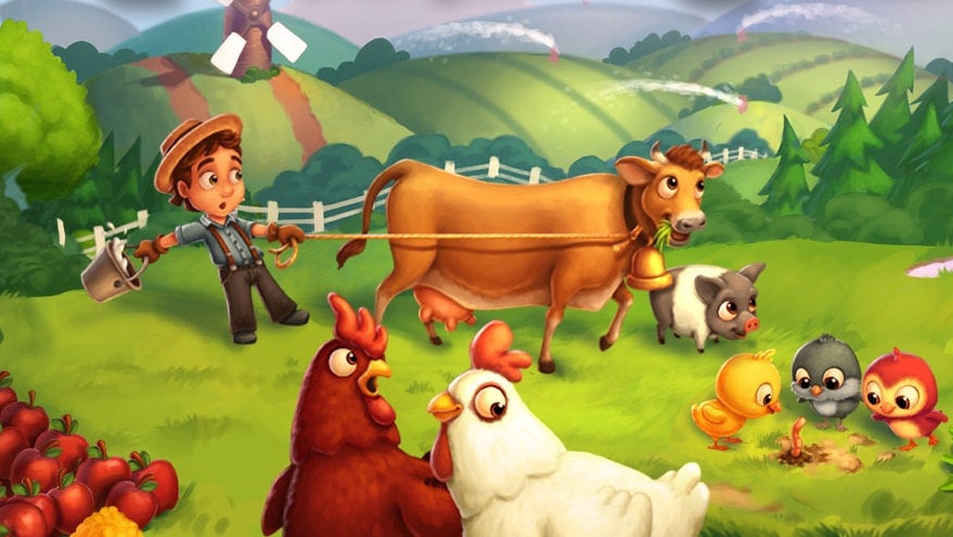 A farmer with a cow and chickens in FarmVille 2 artwork.