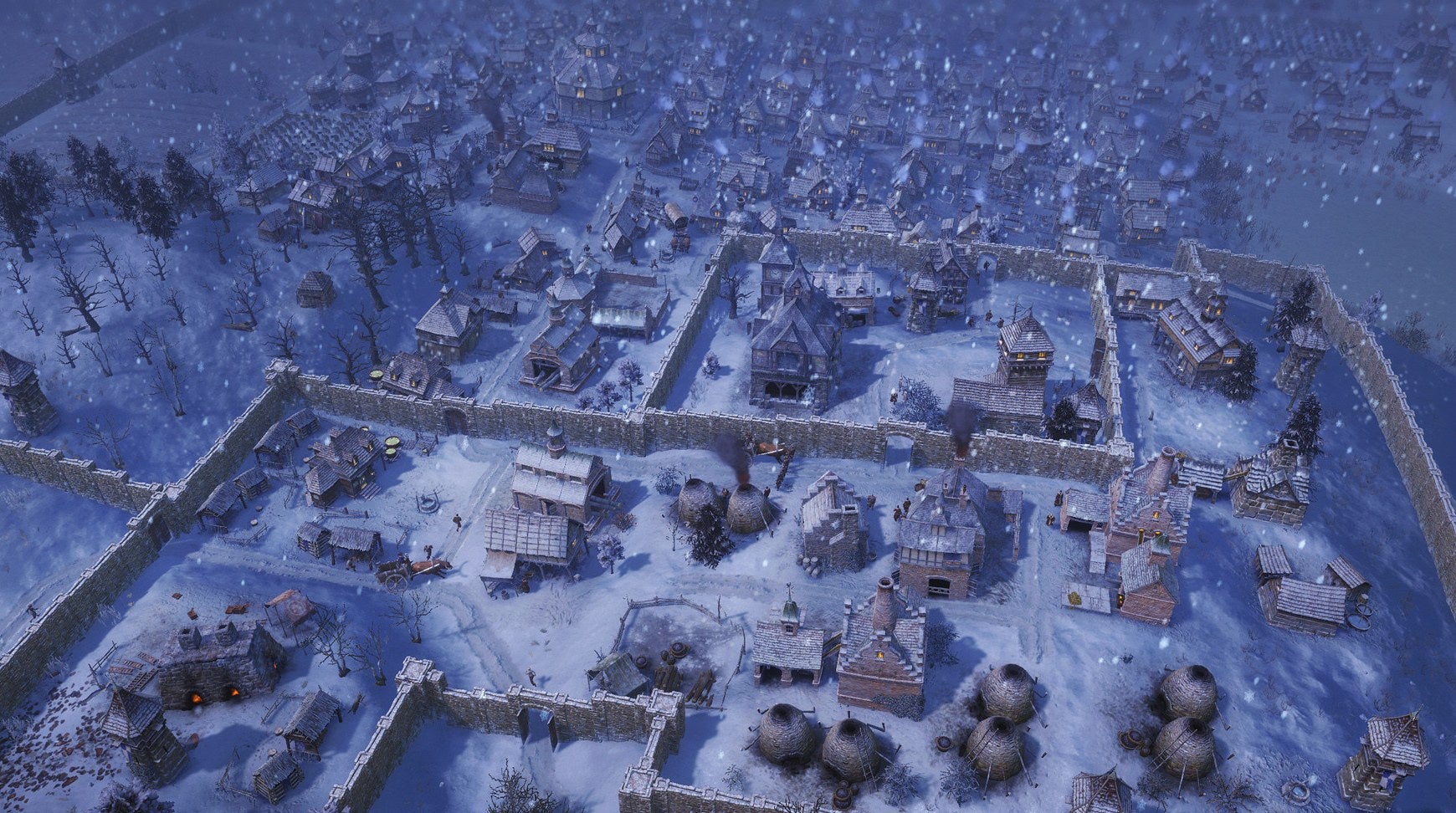 A snowy wee medieval village surrounded by walls in townbuilder Farthest Frontier.