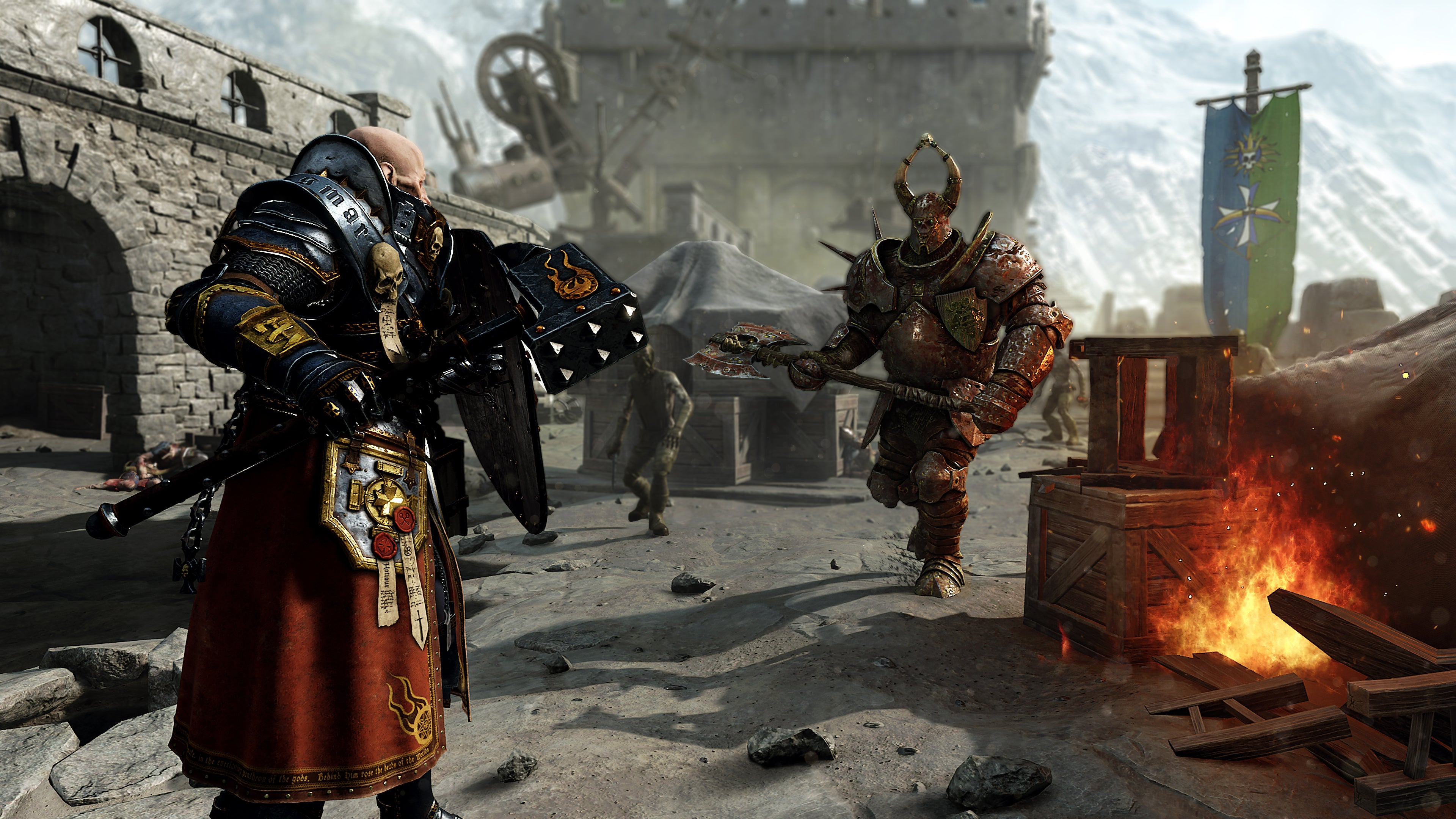Vermintide 2's Saltzpyre faces a large armoured enemy wearing his snazzy new Warrior Priest outfit.