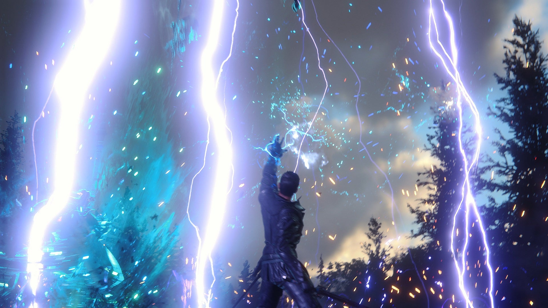 A Final Fantasy 16 character summons lightning powers from their Eikon.