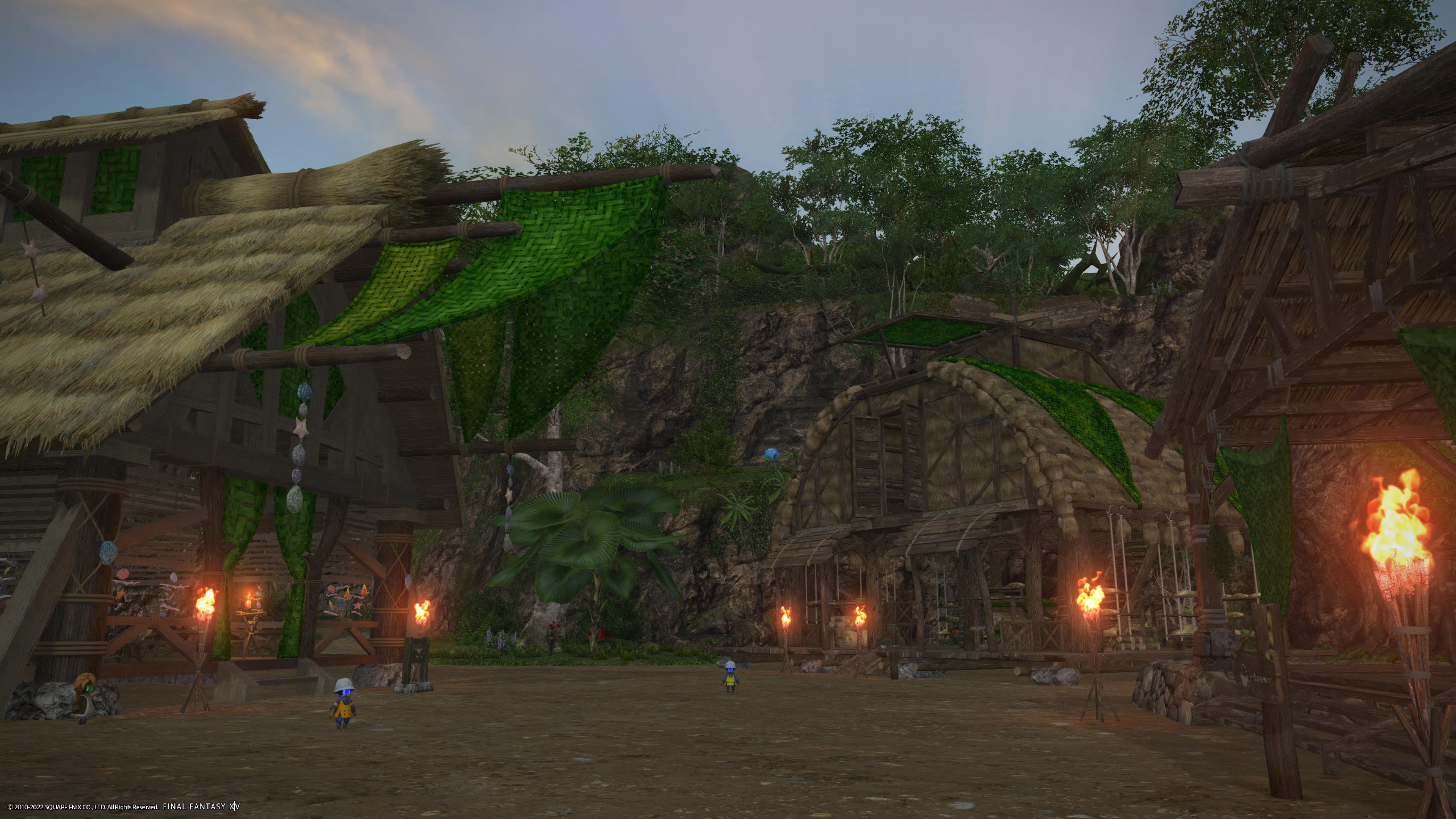 A nighttime view of a player's ranch on the Island Sanctuary in Final Fantasy XIV